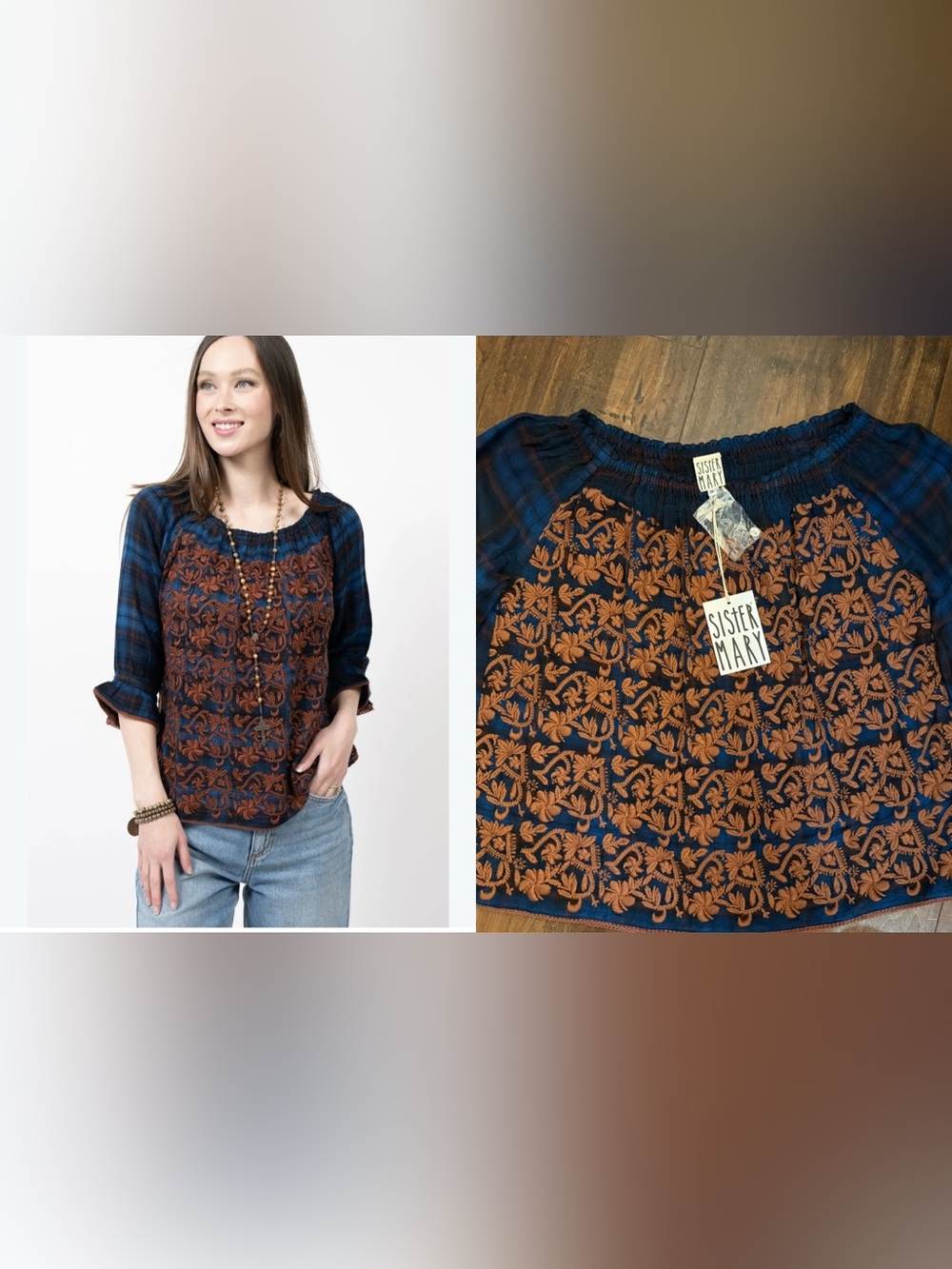 NWT Sister Mary Women's Embroidered Top Plaid boho embroidered Blue Size S